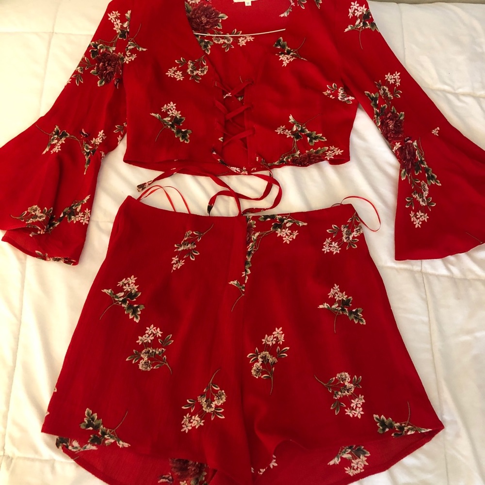 Red Floral Pattern Top and Shorts Set